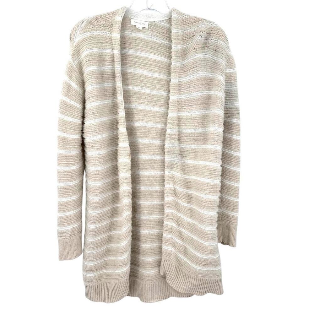 Treasure & Bond Long Open Front Cardigan Sweater Medium Taupe Stripe Cozy Knit